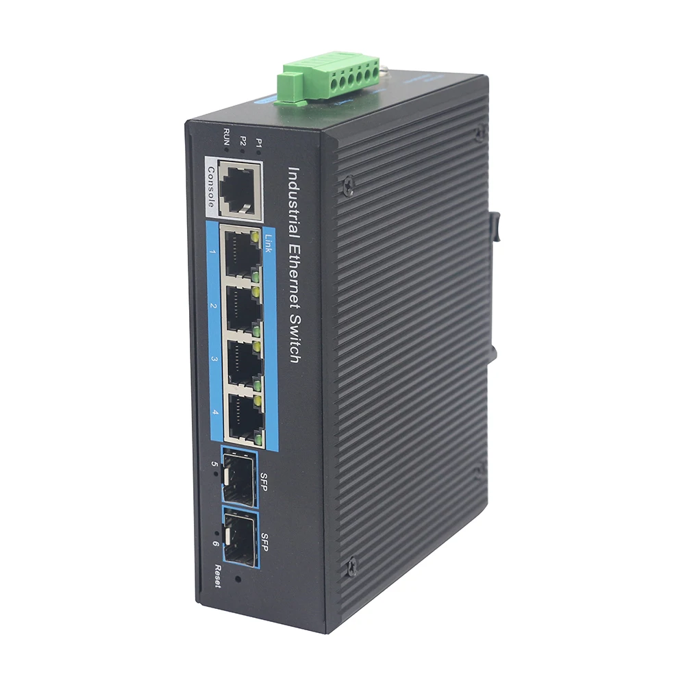 

6-портовый гигабитный управляемый PTP-коммутатор Bullscom | 4×RJ45 + 2 порта SFP | Промышленный коммутатор Ethernet | Прецизионный протокол времени (PTP)