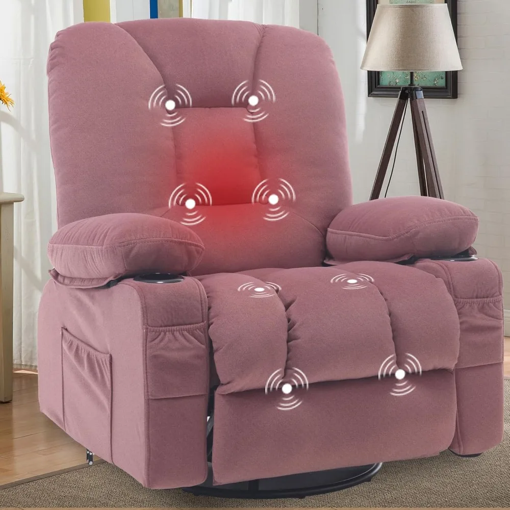

Recliner Chairs for Adults, Pink Rocker Recliners with Massage and Heat, Overstuffed Fabric Swivel Glider with Cup Holder Side P