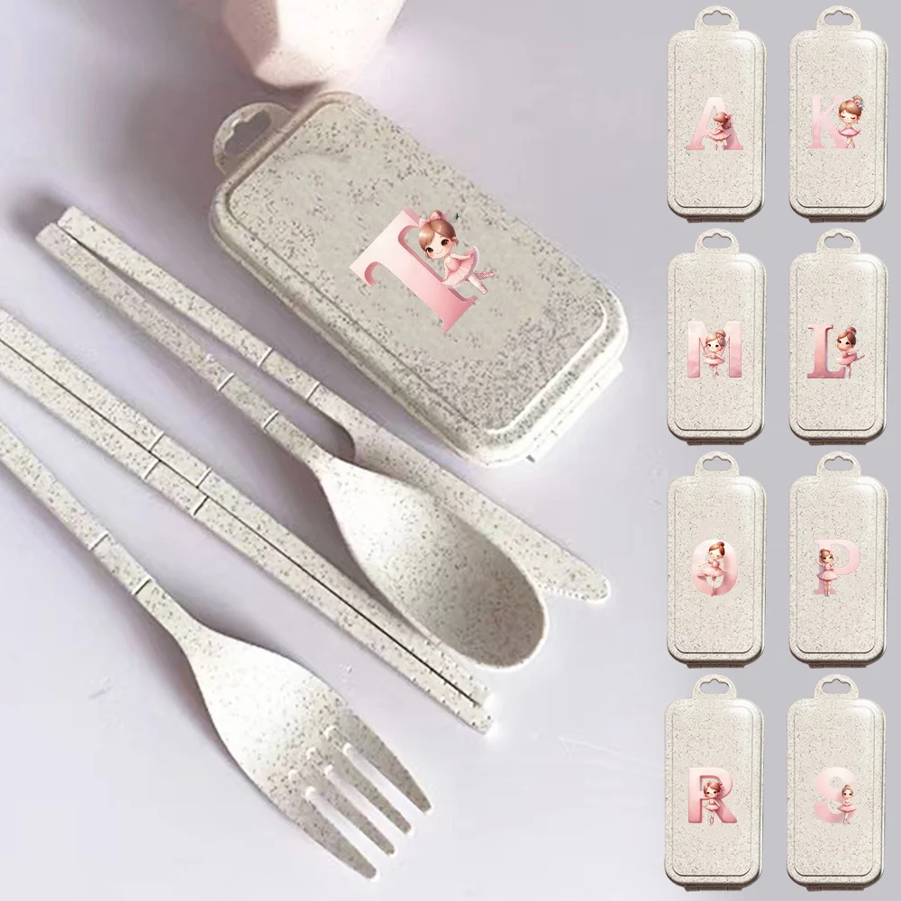 

4Pcs Reusable Tableware Fork Knife Chopstick Tableware Picnic Dinnerware Set Ballerina Girl Initial Name 26 Letters Pattern