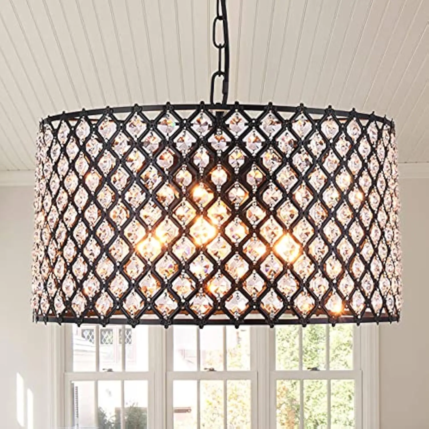 

15.8“ Modern Crystal Chandelier Pendant Light Fixture 3-Light Hanging Pendant Ceiling Lamp Caged Metal Drum Shade Black Finish