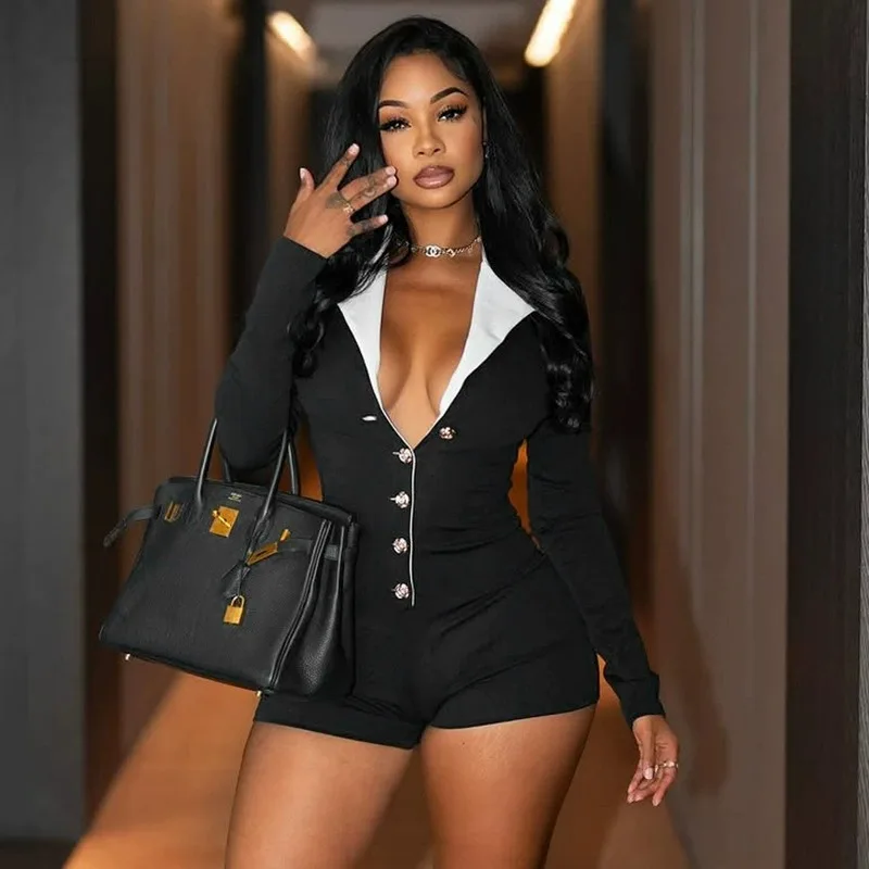 

2025 Sexy Y2K Women’s Black White Colorblock Long Sleeve Lapel Zipper Romper High Waist Tight Fit One Piece Shorts Outfit