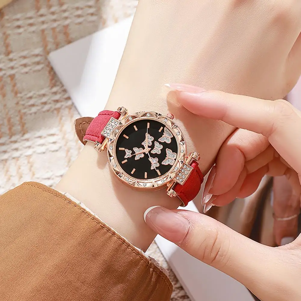 Fashion Leather Women Watches Rhinestone Butterfly Dial Quartz Watch Wristwatches Gift