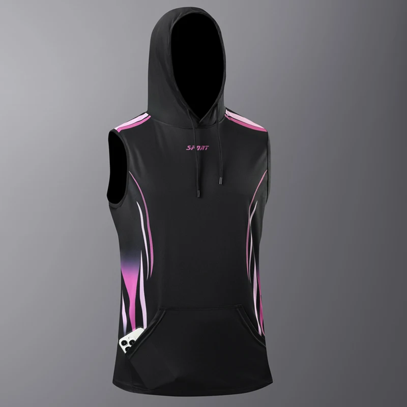 

Sports hooded vest T-shirt 2025 summer new ice silk breathable sleeveless top running fitness loose vest plus men's clothing