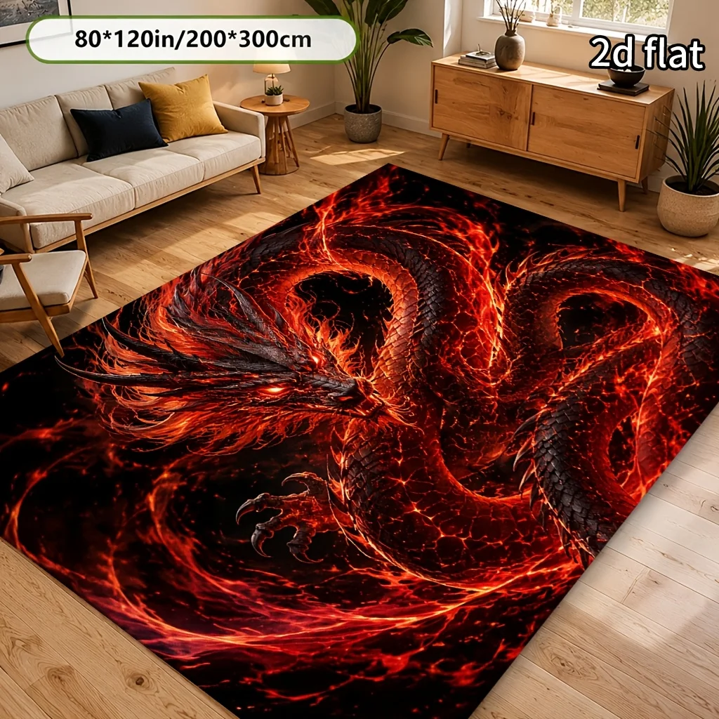1‑Piece Dragon Surrounded by Flames Print Floor Rug, Machine Washable Easy‑Clean Lightweight Floor Mat for Living Room, Bedroom