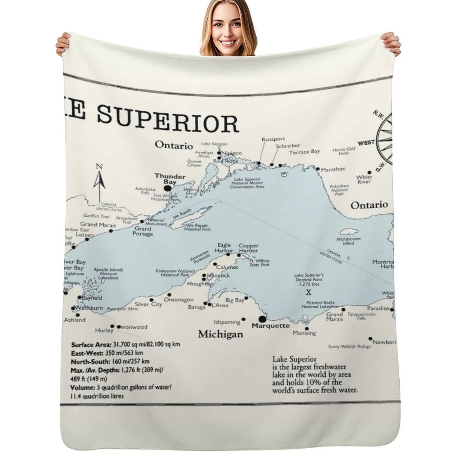 

Lake Superior Map Throw Blanket Soft Warm Blanket Gift for Men Women Adults
