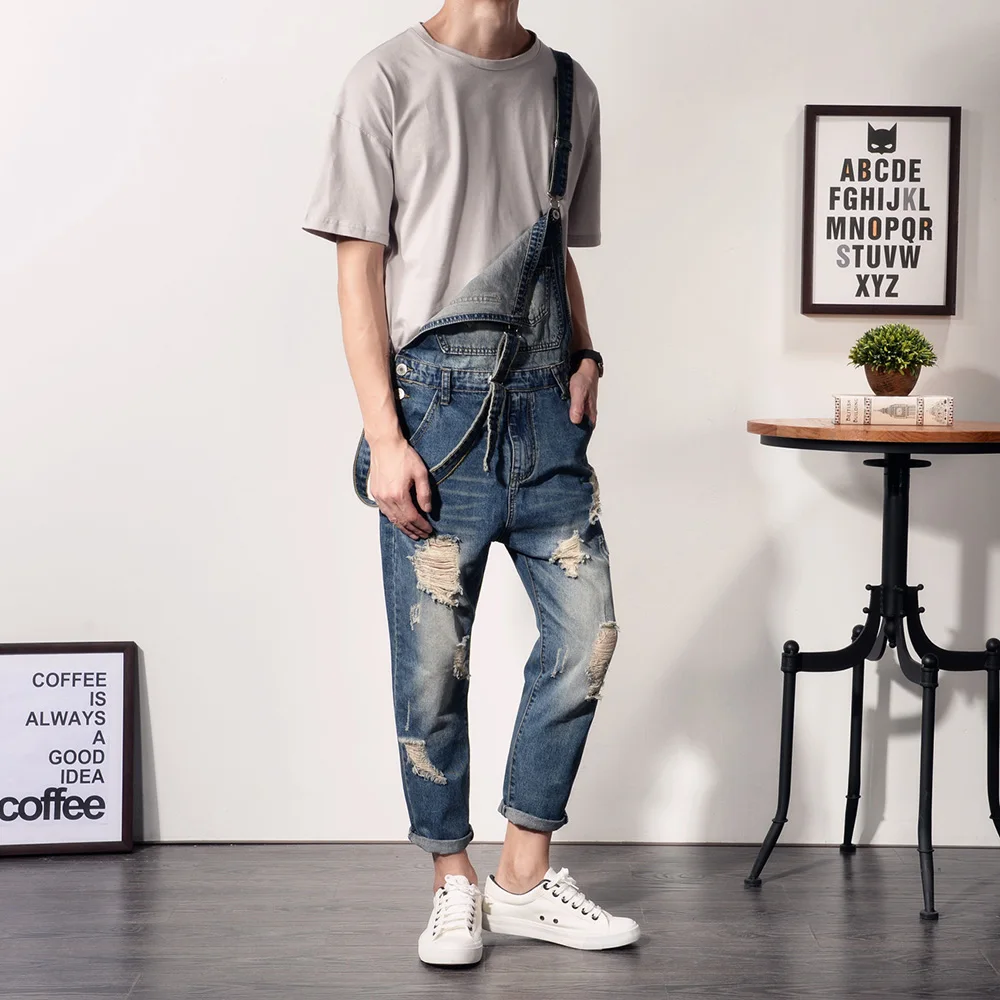 Men Denim Bib Overalls Holes Ripped Distressed Crop Jeans Pockets Cargo Ankel Dungarees Blue Cotton Jumpsuits Working Clothing