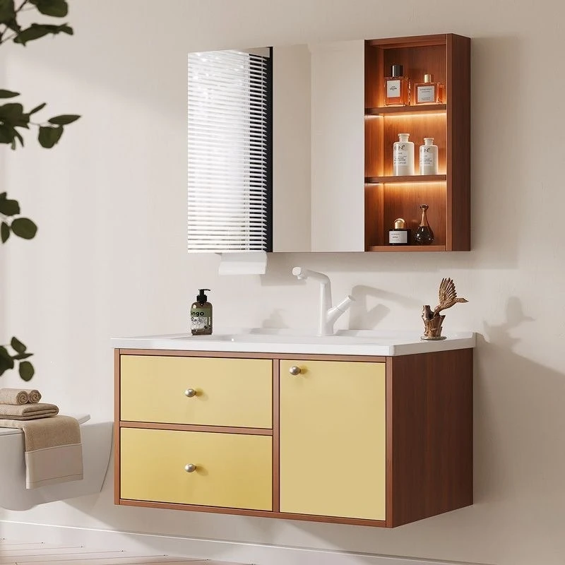 Antique double bathroom cabinet, oak solid wood combination ceramic integrated bathroom, dopamine contrasting color wash sink