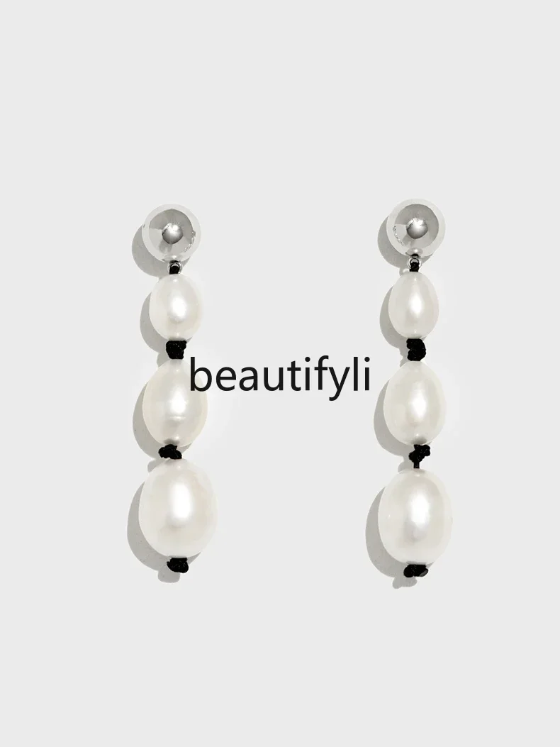 Metal Ball Natural Freshwater Pearl String Earrings Women's French Light Luxury Original Niche Premium Earrings