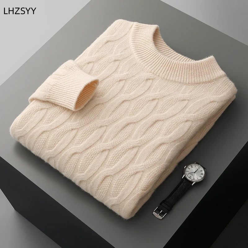 LHZSYY Winter New Thicken 100%Cashmere Sweater Men's Half-high Neck Twisted Pullovers Large Size Jackets Tops Casual Knit Shirts