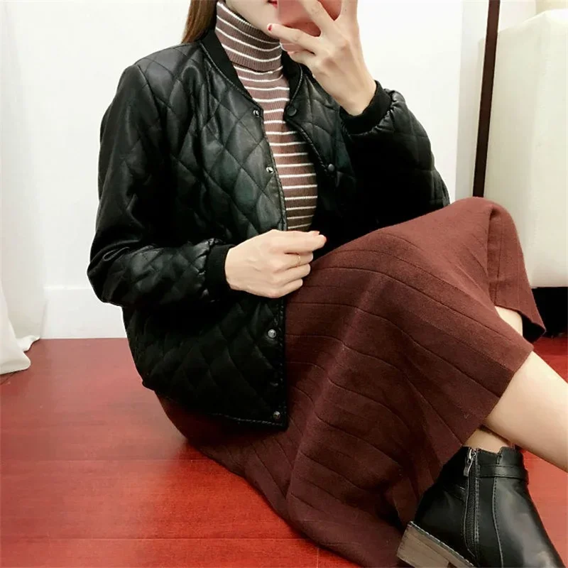 Winter Fashion Women's Thickened PU Cotton Jacket Slim Ladies Locomotive Motorcycle Short Jacket Fake Leather Jacket Girl