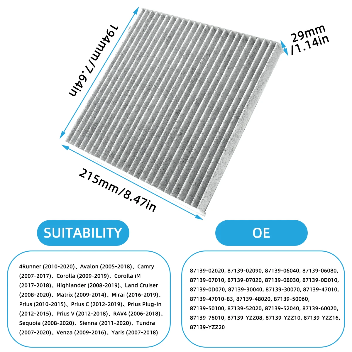 Car Cabin Air Filter for Toyota Land Cruiser 2008-2020 Auto Filters Carbon Fiber 87139-02020 87139-02090 87139-06040 87139-06080