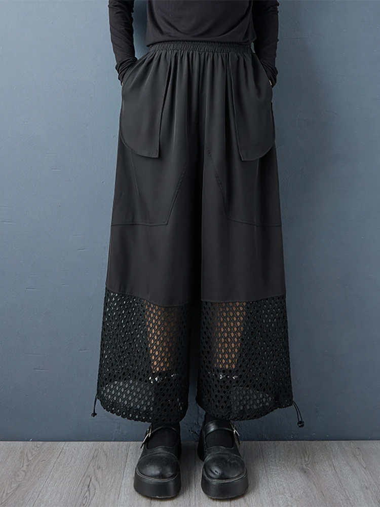 Noir Vintage Patchwork maille taille haute pantalon à jambes larges femmes nouveau printemps automne décontracté pantalon ample mode Streetwear 2025