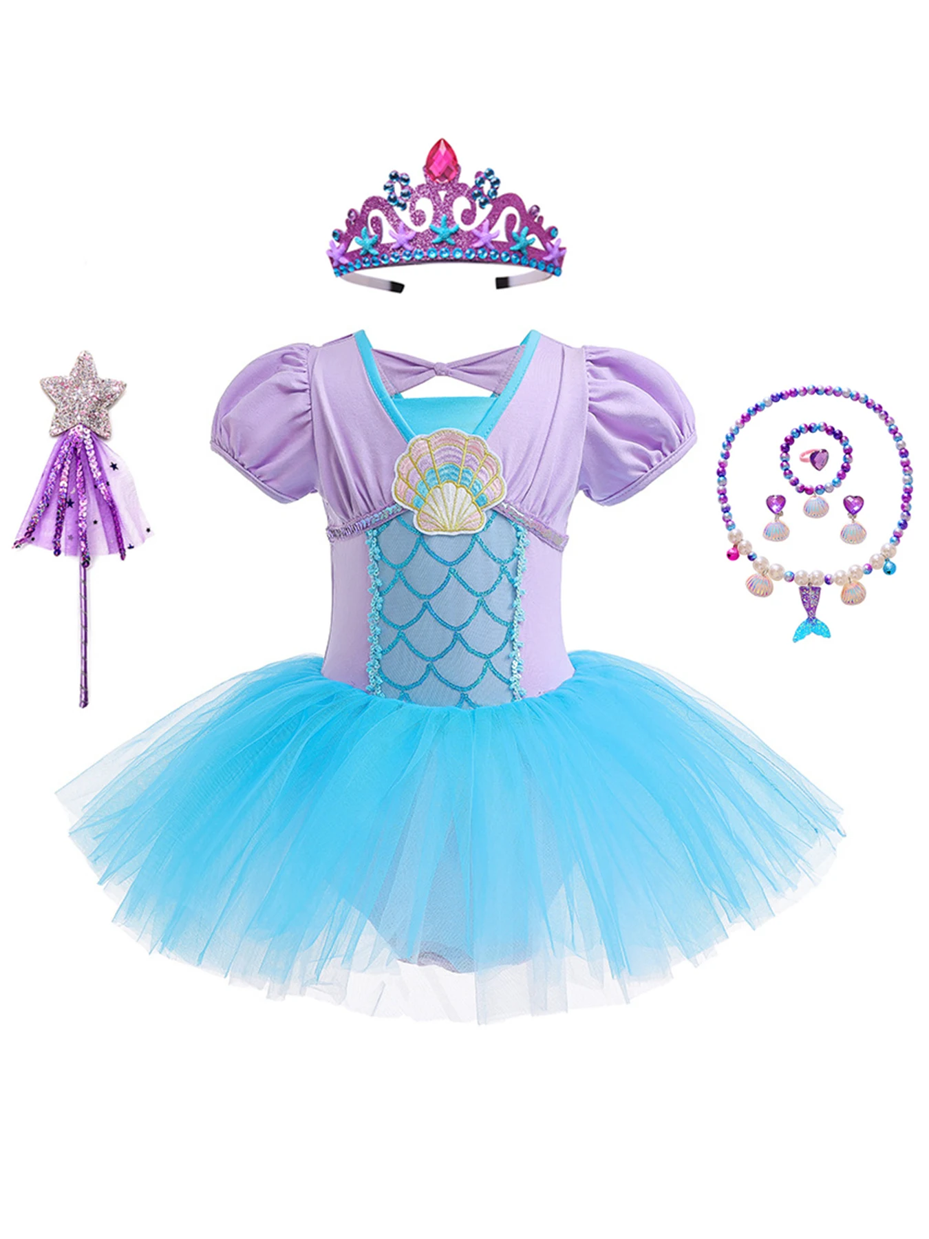 

Girls Mermaid Princess Tutu Dress Set with Accessories Crown Wand Necklace Kids Halloween Christmas Weddings Birthday Parties