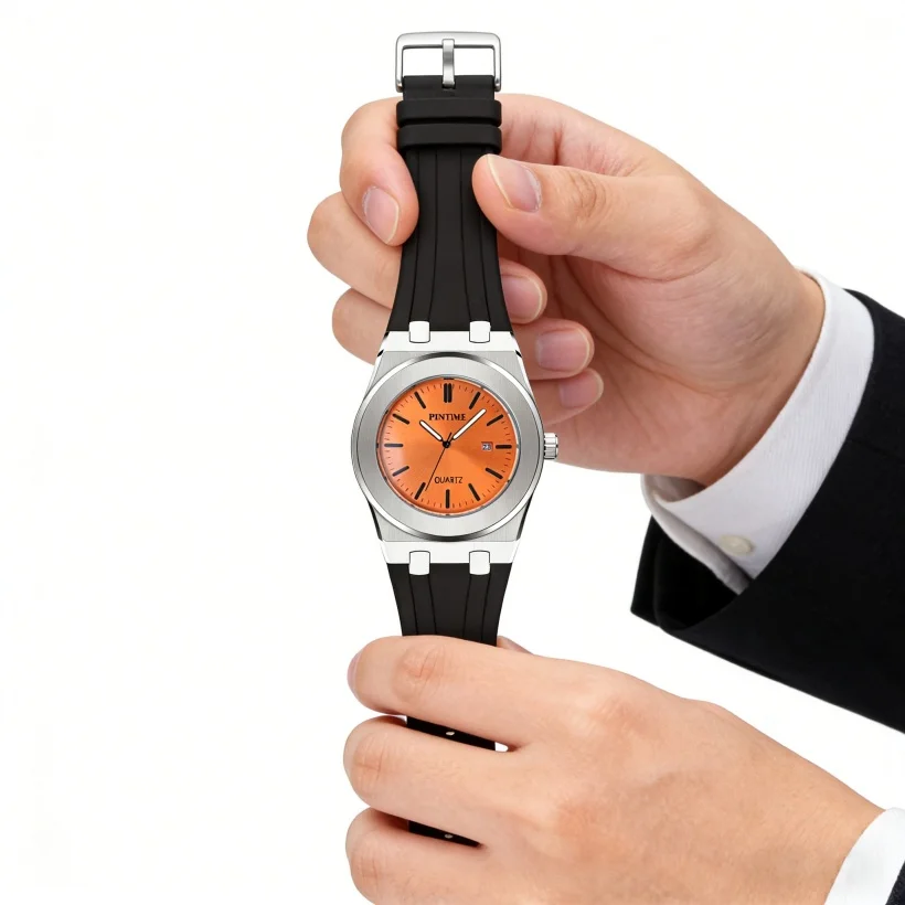 Sport Chronograph Watch Men Quartz Orange Silicone Strap Multifunction Waterproof Black Dial Luxury Fashion Wristwatch Business