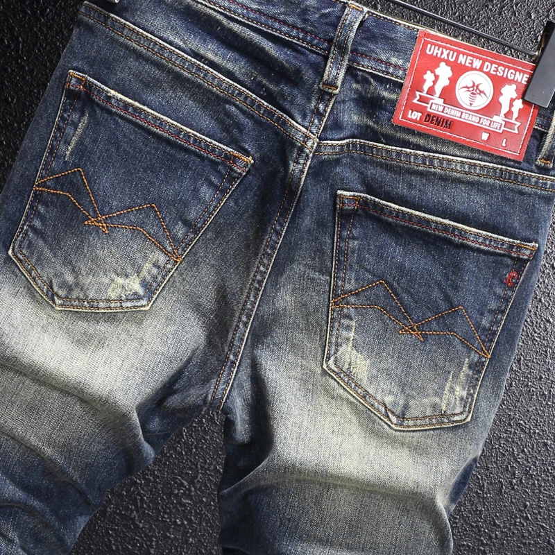 Vaqueros bordados RetroY2K de moda para hombre, vaqueros ondulados adelgazantes elásticos azules lavados Retro de alta calidad, Je de diseñador italiano