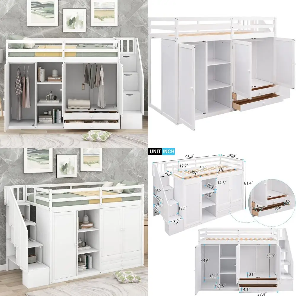 Twin Size Staircase Bed with Storage, 2 Wardrobes, 2 Drawers, and 3 Shelves - White