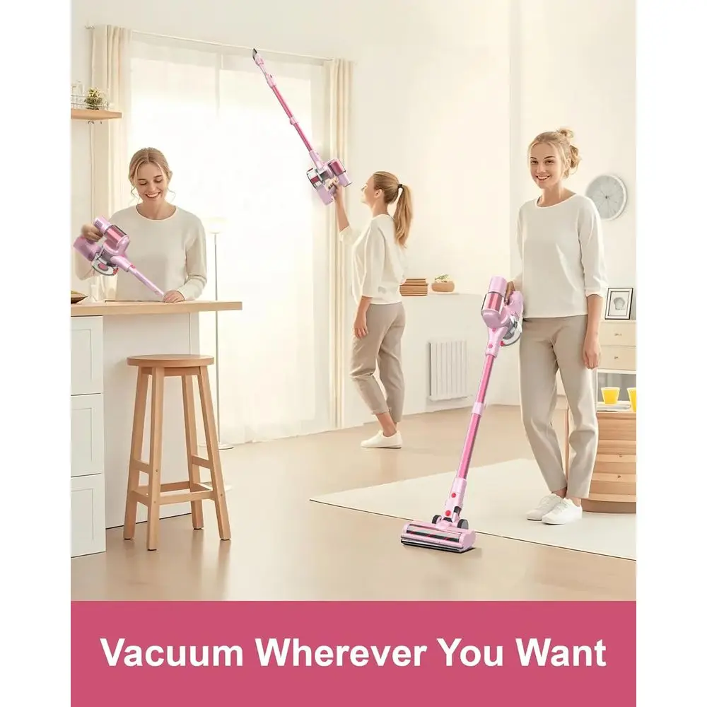 مكنسة كهربائية لاسلكية وردية 550 وات، شفط 45 كيلو باسكال، وقت تشغيل 60 دقيقة، شاشة LED، فرشاة مضادة للتشابك للأرضيات الصلبة والسجاد