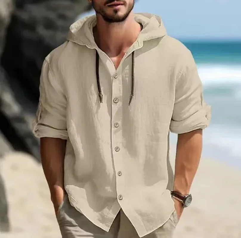 Summer Men's Cotton Linen Hooded Shirts Solid Streetwear Long Sleeve Button Cardigan For Men Casual Loose Hoodie Tops Men Shirt