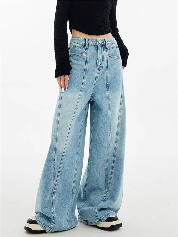 Jean Vintage Patchwork bleu à jambes larges pour femme, pantalon en Denim, mode américaine, bas taille haute, droit, ample