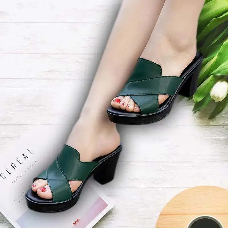 Women Summer New High Heels Slippers Feamle Thick Heel High-heeled Casual Shoes Outdoor Heel Slippers Footwear Zapatos De Mujer