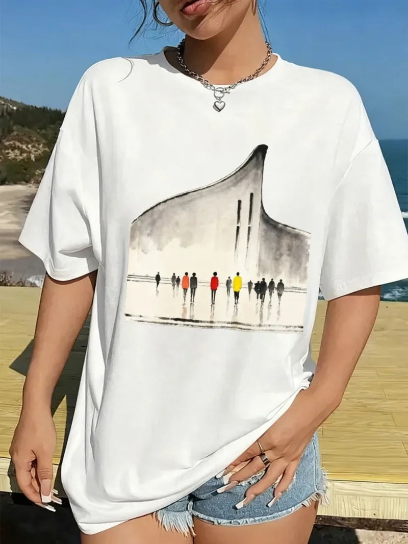 Kurzärmliges, locker bedrucktes Damen-T-Shirt mit Klavier- und farbenfrohem Figurendruck und Freizeitmuster