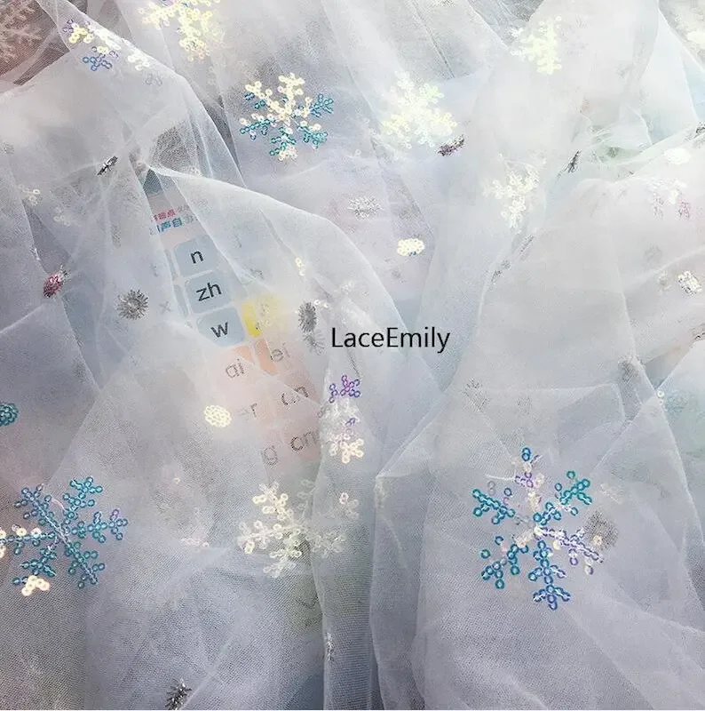

Beautiful Sequins Snowflake embroidery lace fabric Colorful snowflake soft tulle For Wedding Dress Bridal Veil girl 51" width