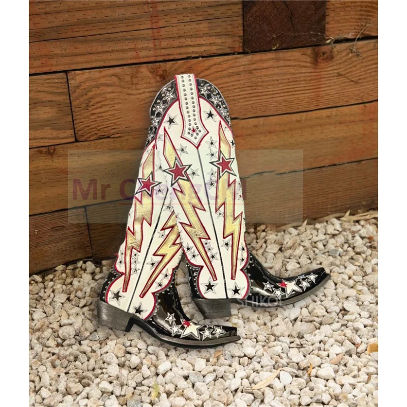 Women\'s Tall Western Cowboy Cowgirl Boots Knee High Boots Women Designer Punk Vintage Star Boots 2024 Spring New