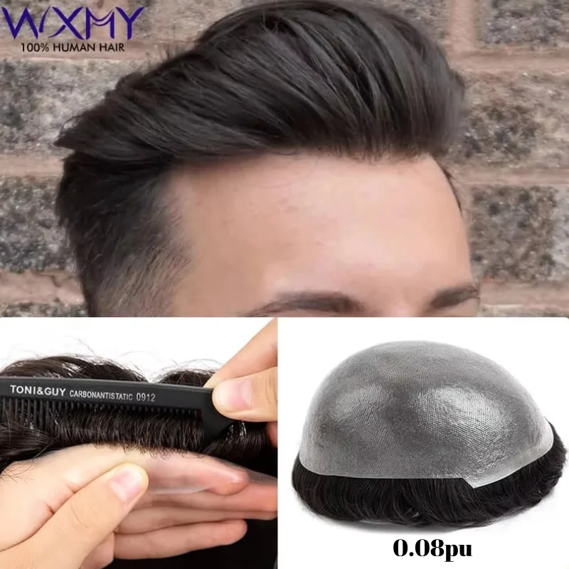 

Мужской парик-система из натуральных человеческих волос 0,08 мм, 6 дюймов, с полной основой из кожи, прочный протез для волос, мужской тупе, протез для волос из натуральных волос