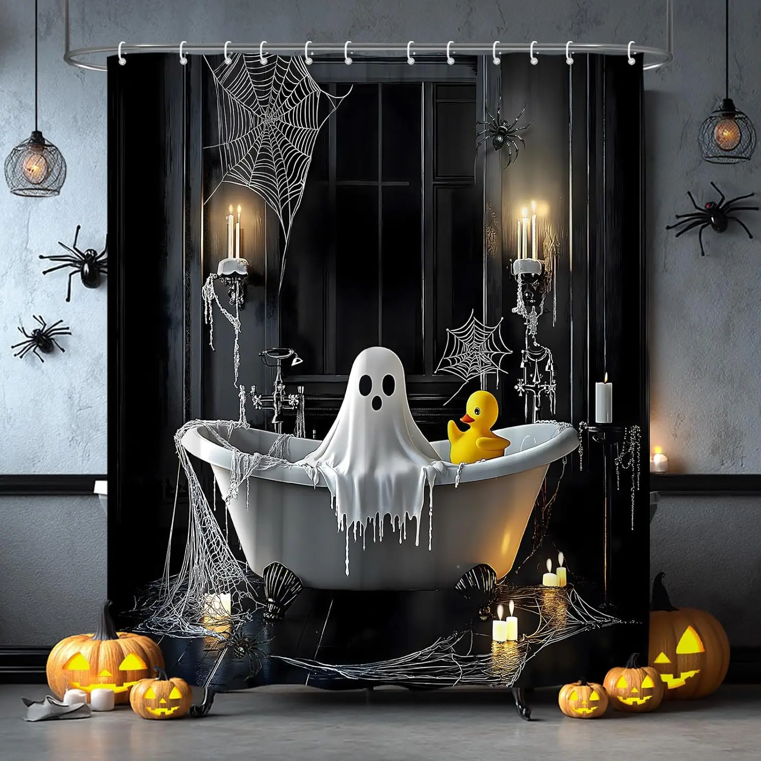 Halloween Ghost Shower Curtain Spooky Horror Bathtub Gothic Window Spider Web Scary Night Trick or Treat Fabric Bathroom