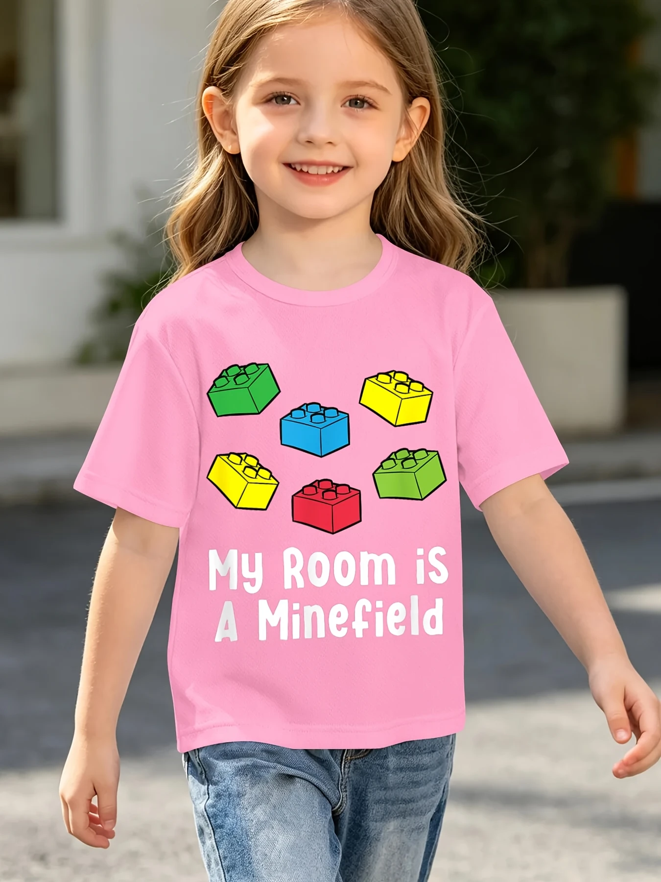 Bright Toy Bricks Cartoon Graphic T Shirt Boys Girls Humorous Daily Short Sleeve Tee Family Matching Kids Casual Cotton Tops