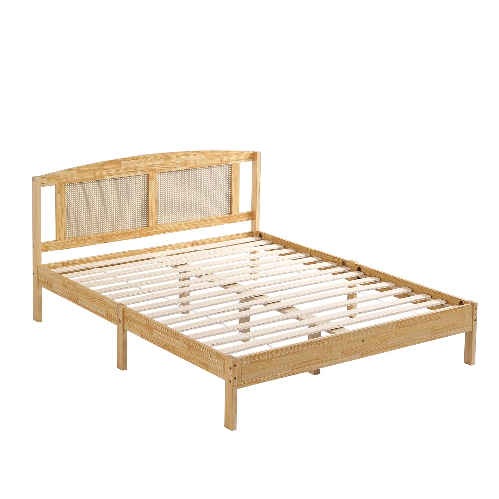PINGGO Naturrattan-Doppelbett 160x200cm Kiefernholz PE-Rattan 15 Latten Mittelstützfüße Rattan-Netzkissen Ohne Matratze – Detail 11