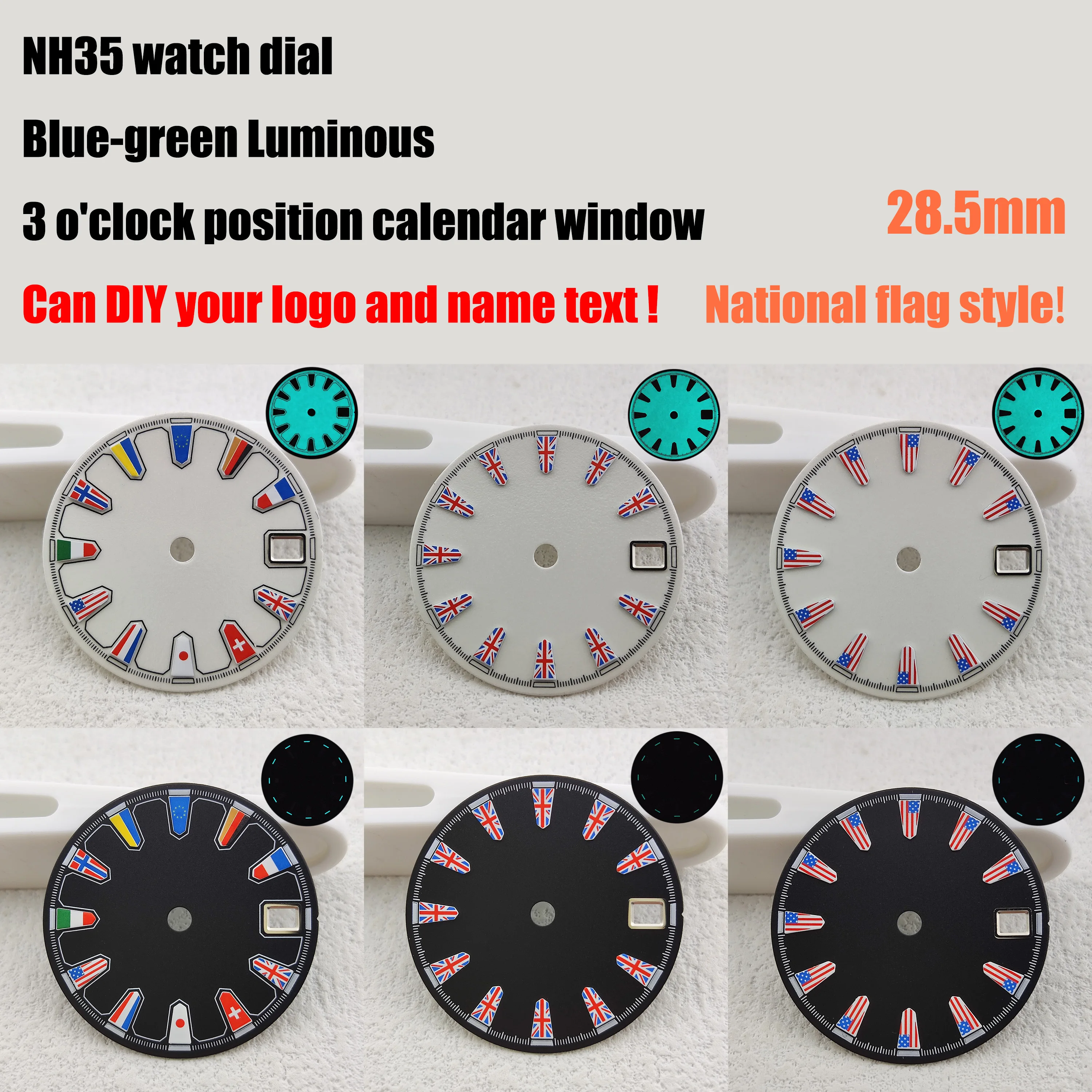 

NH35 dial watch dial 28.5mm national flag blue-green luminous watch dial fit NH35/NH36 movement DIY logo customize pattern