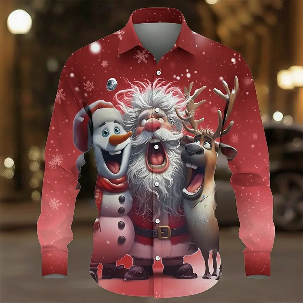 2026 Christmas  Santa Claus Snowman Reindeer Shirt Button Up Shirt Long Sleeve Funny Outdoor Holiday Spring Fall Turndown Shirts