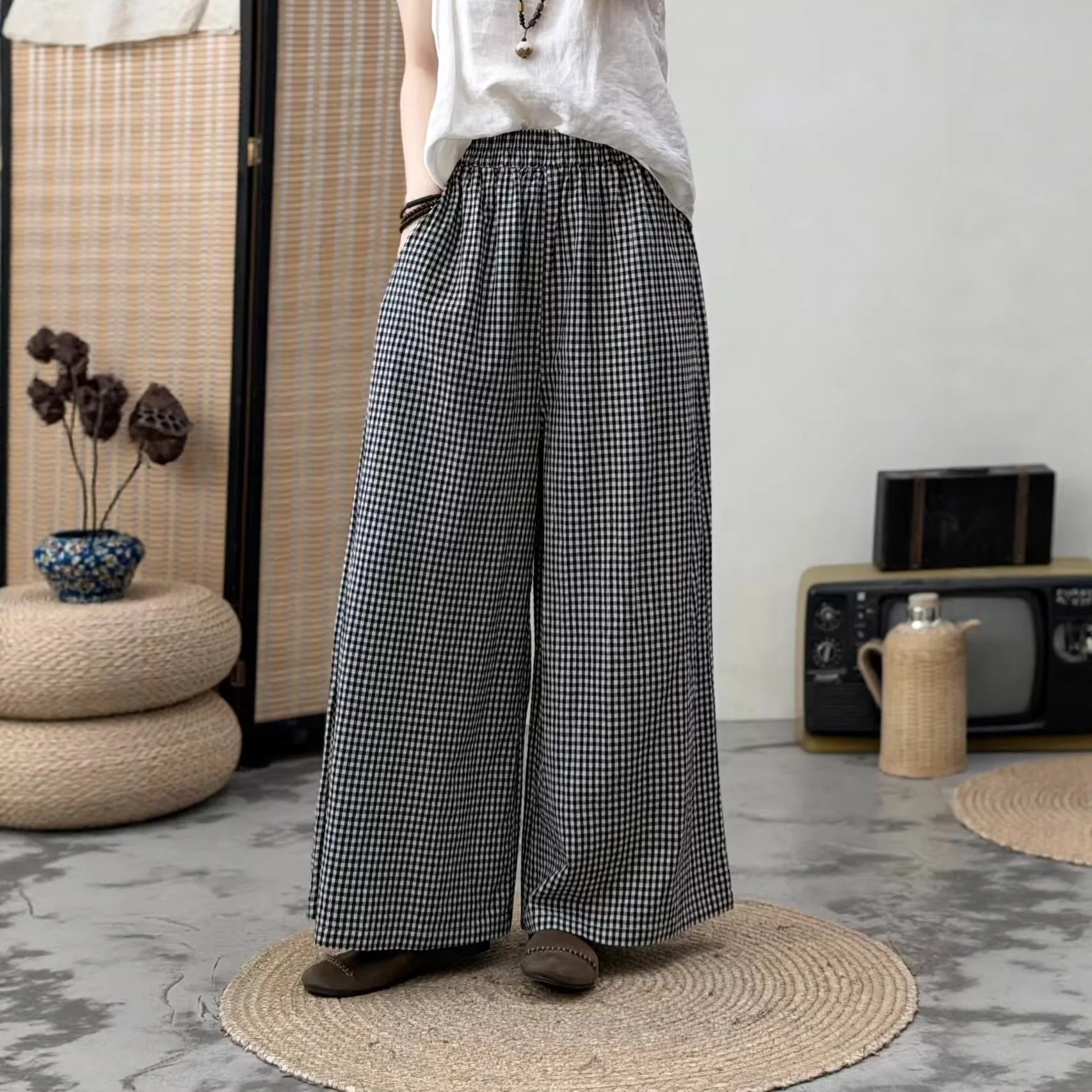 Japanese Vintage Mori Girl Checked Plaid Wide Leg Pants Women Spring New Elastic Waist Casual Loose Straight Pants