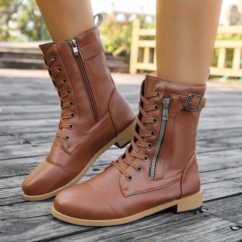 2026 Retro Style High Quality Casual Women's Mid Calf Boots Fashionable Solid Lace Up Design Low Heel High Top Boots for Women