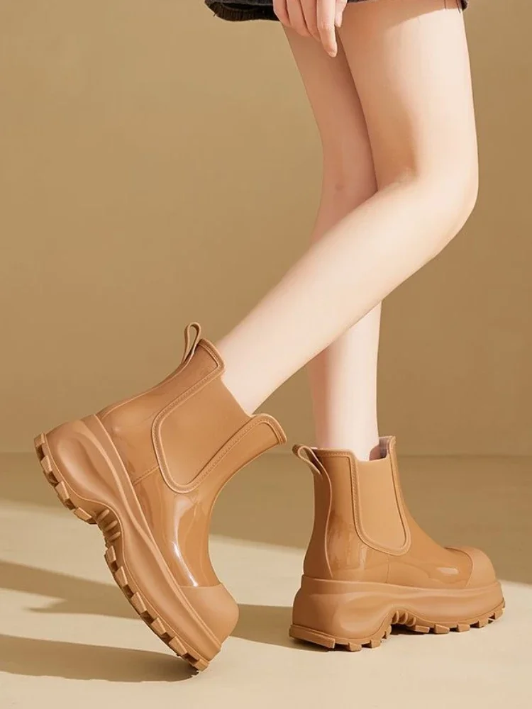 

Women's Daily Wear Short Rain Boots New Waterproof Anti Slip Thickened Sole Solid Color Trendy Korean Adult Rubber Water Shoes