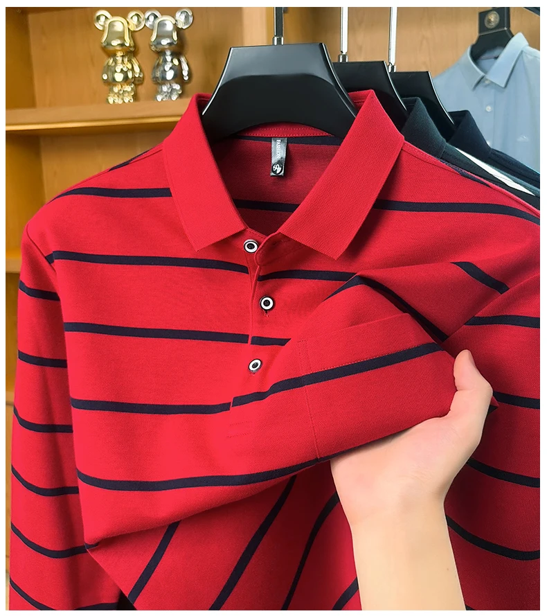 Leichtes Luxus-Poloshirt mit Streifenmuster, langen Ärmeln, für Herren, bequem, hochwertig, mit Tasche, neues lässiges T-Shirt, Frühling/Herbst, modisches Oberteil mit Kragen. – Detail 4