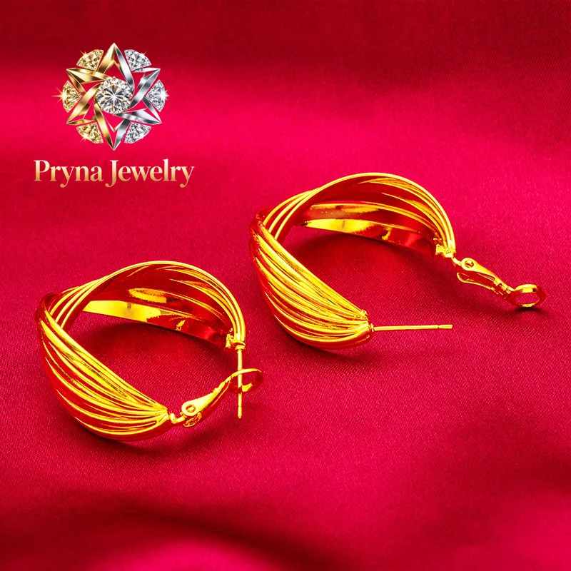 

Pryna Jewelry Twisted Hoop Earrings for Women, 24K Gold, AU999 | Hand-twisted polished hoops, elegant for daily wear.
