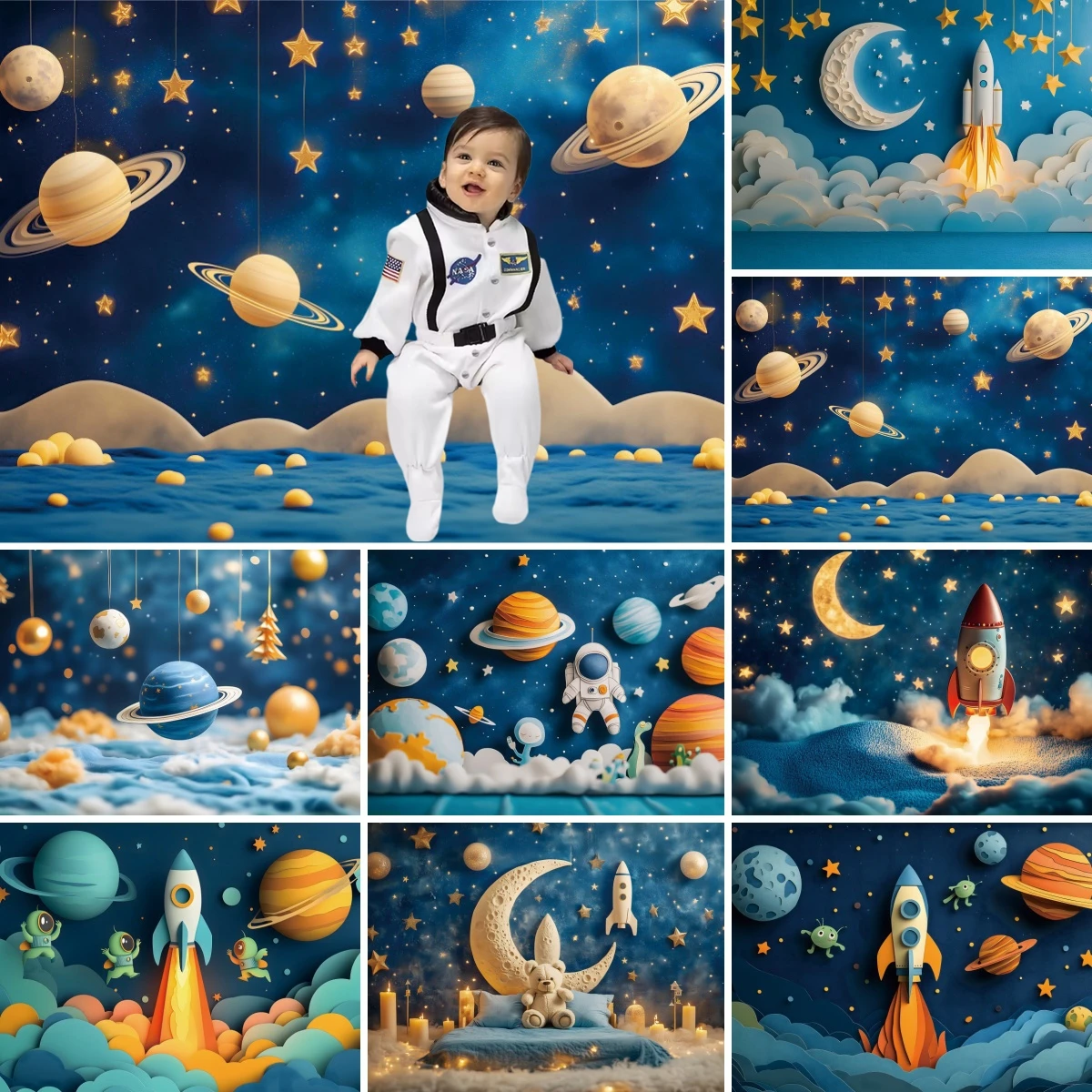 خلفية الفضاء لرائد الفضاء للتصوير الفوتوغرافي لحفلة عيد ميلاد الطفل بالون الفضاء الخارجي كوكب المجرة كعكة سحق صورة خلفية ديكور