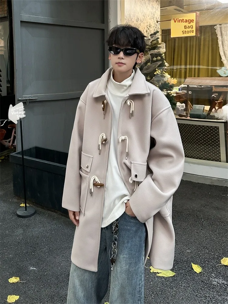 

Men's Mid-Length Woolen Coat Korean Japanese Style Versatile Retro High-End Feelings Autumn Winter Button-Up Coat for Couples