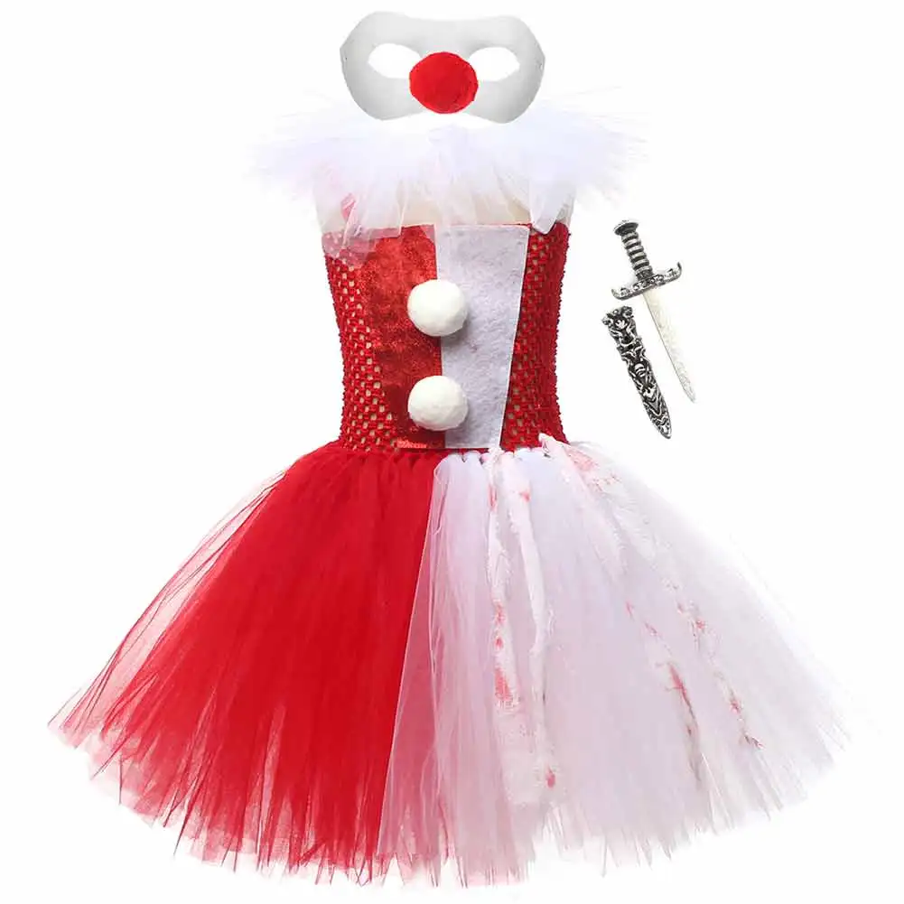 Disguise Horror Scary Clown Cosplay Child Girl Tutu Skirt Dress Stage Fantasia Costume Kids Roleplay Role Play Fancy Party Cloth