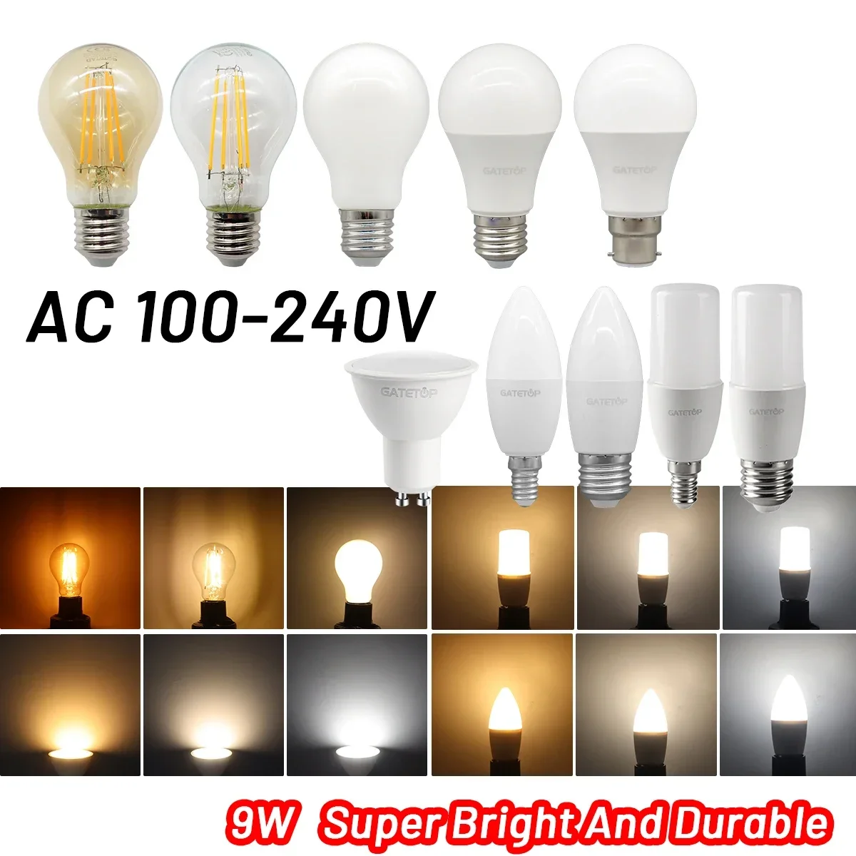 

8PCS LED Bulb 220V E27 B22 E14 GU10 9W Spot Light LED Filament Bulb Retro Edison Vintage Lamp AC100V-240V Glass Bulbs for Home