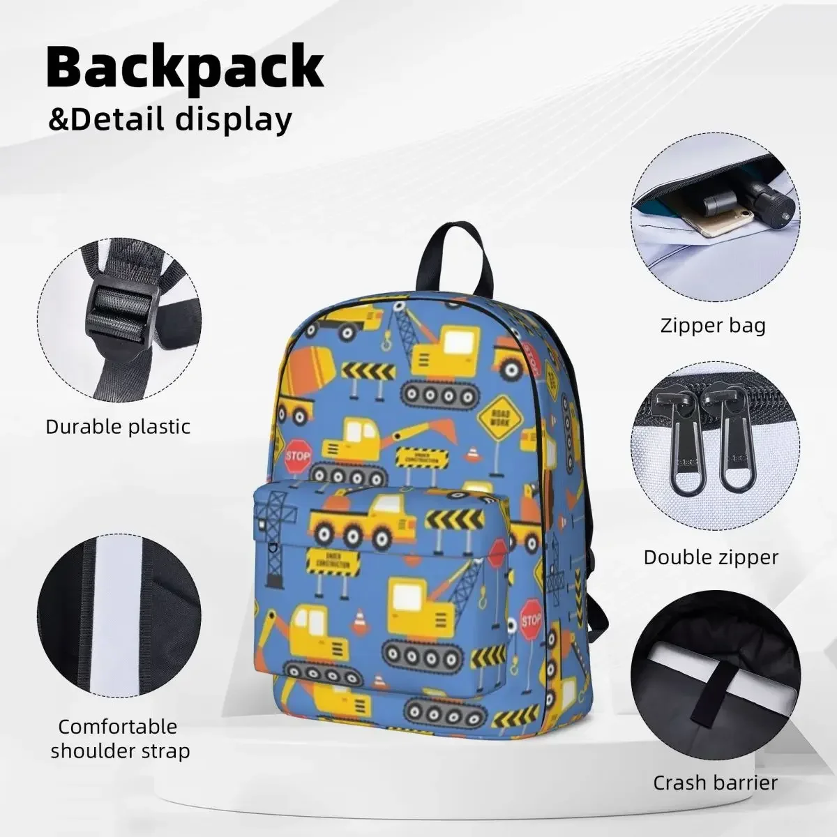 Road Work Under Construction Transportation Pattern Backpacks Boys Girls Bookbag Fashion Students School Bags Laptop Rucksack