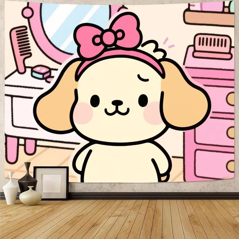 

1PC Kawaii Puppy Dog Pink Bow Tapestry, Vanity Mirror Scene Aesthetic Polyester Wall Art for Girls Bedroom Dorm Decor Gift.