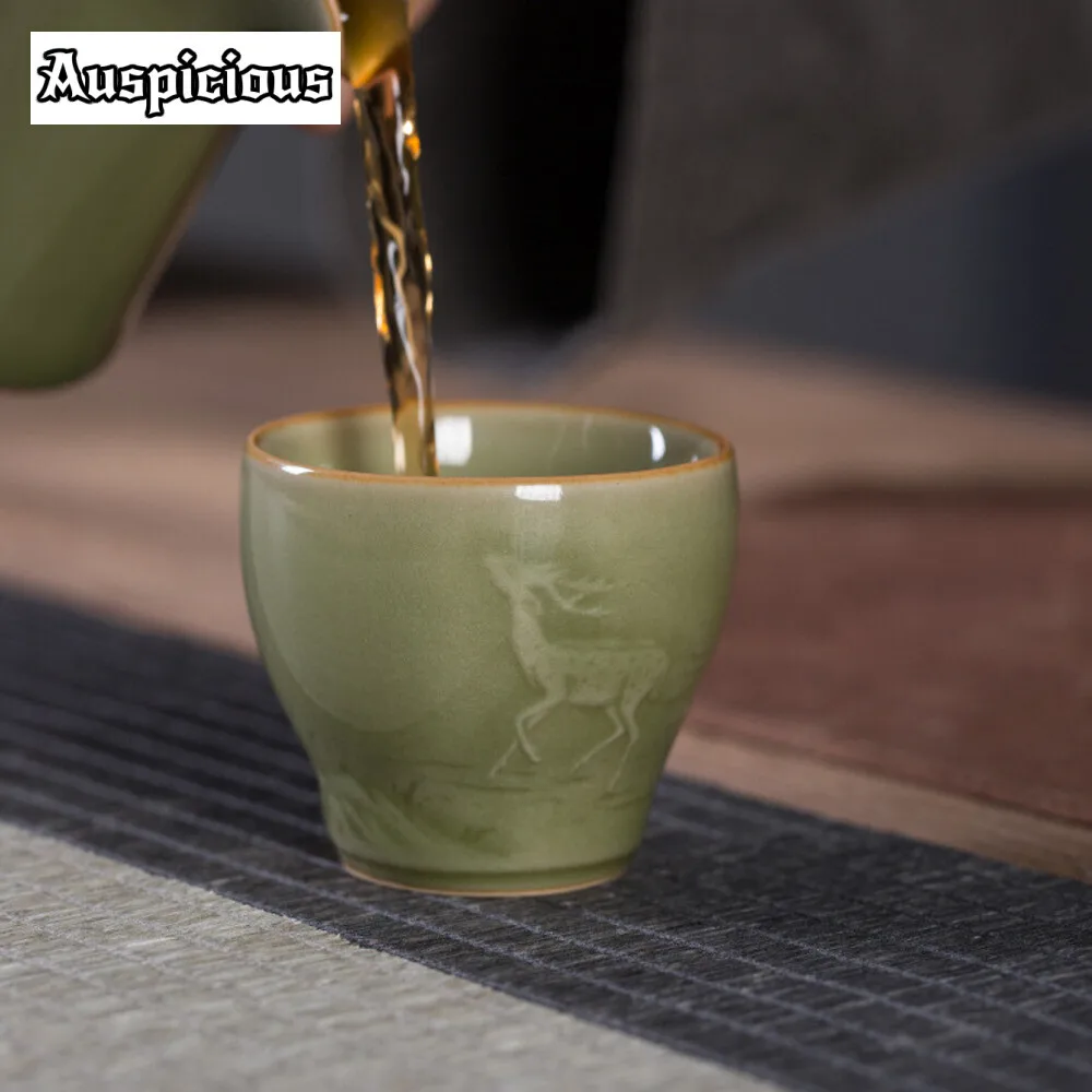 70ml Antique Longquan Celadon Teacup Handicraft Small Deer Tea Cup Small Master Cup Tea Bowl Meditation Cup Mug Kung Fu Teaware