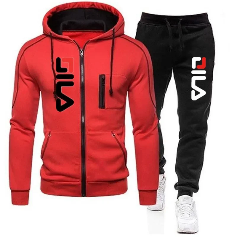 New Solid Men\'s Zipper jacket Hooded Pullover + Sweatpants Sports Casual Jogger Sportswear 2 Piece Male Fleece Streetwear Sets