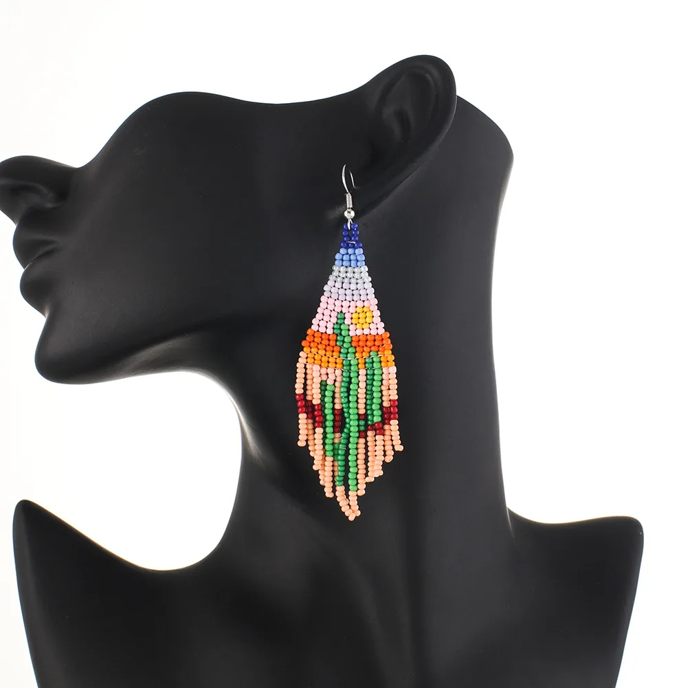 Mexican Cactus Tassel Drop Earrings, Bohemian Beaded Ethnic Style Long Braided Earrings, Elegant And Fashionable Jewelry Accesso