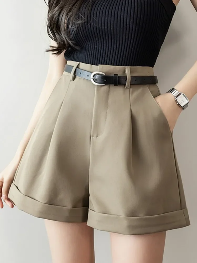 Elegant Fashion England Style Women Shorts Summer 2024 High Waist Solid Color All-match Suit Short Pants With Belt Female Z867