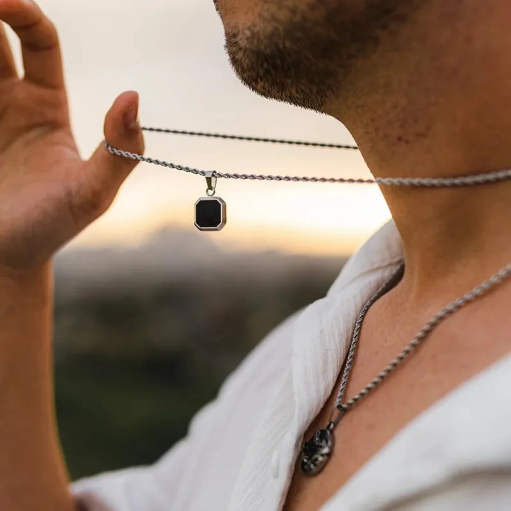 Hip Hop Stainless Steel Square Pendant Necklace Retro Tiger Eye Stone Men Necklace Square Pearl Chain Jewelry Accessories