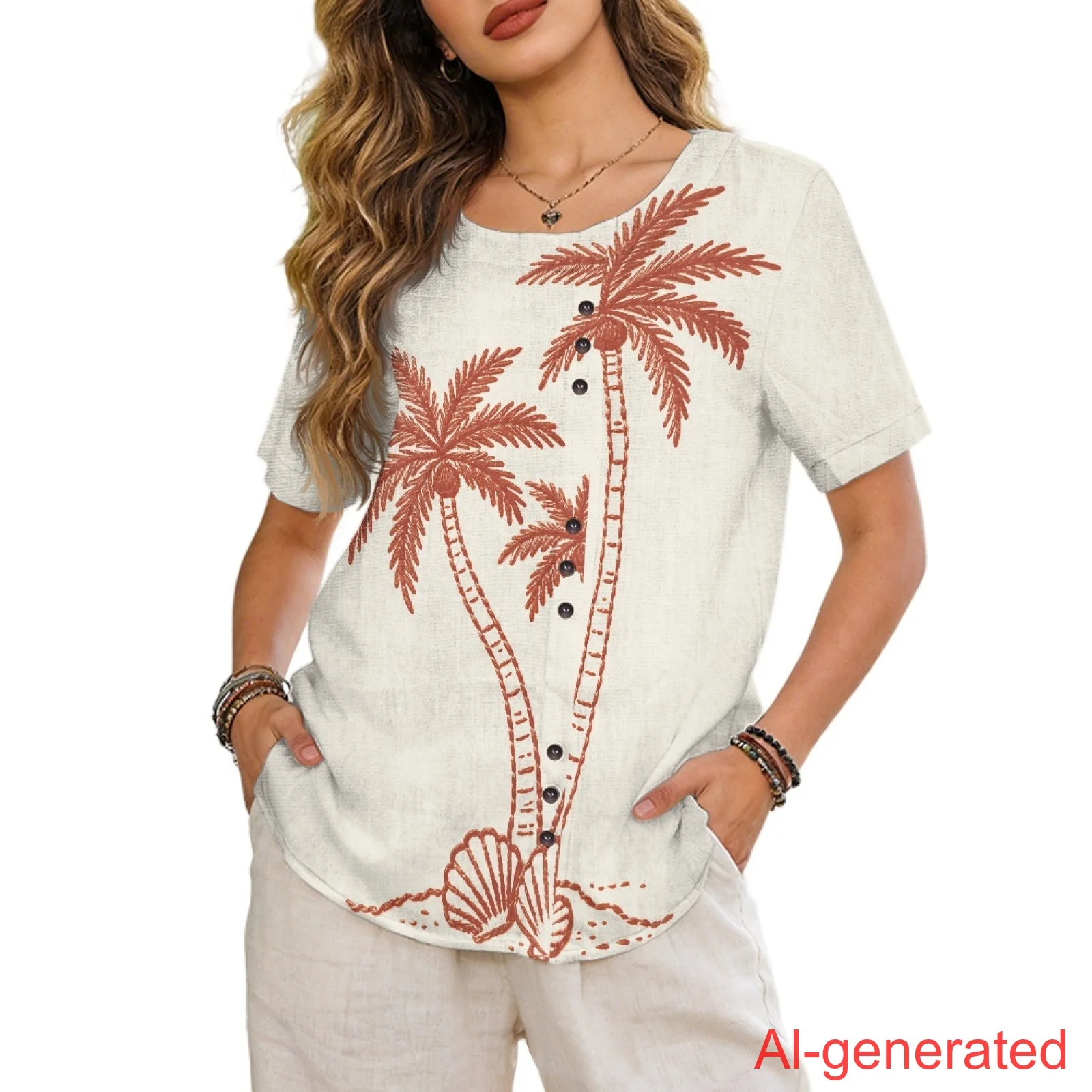 

INSTANTARTS Women'S Linen Short-Sleeved Shirt Comfortable Breathable T-Shirts Quick-Drying Soft Lightweight Wrinkle-Resistant